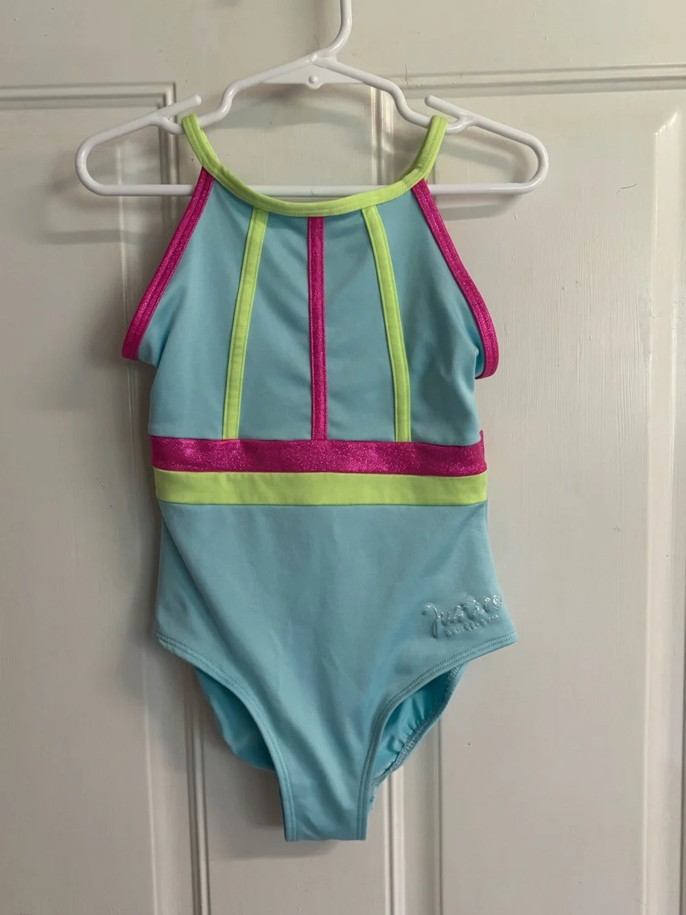 XS 5/6 Justice Aqua Blue High Neck sleeveless Gymnastics/Dance leotard.  In EUC!